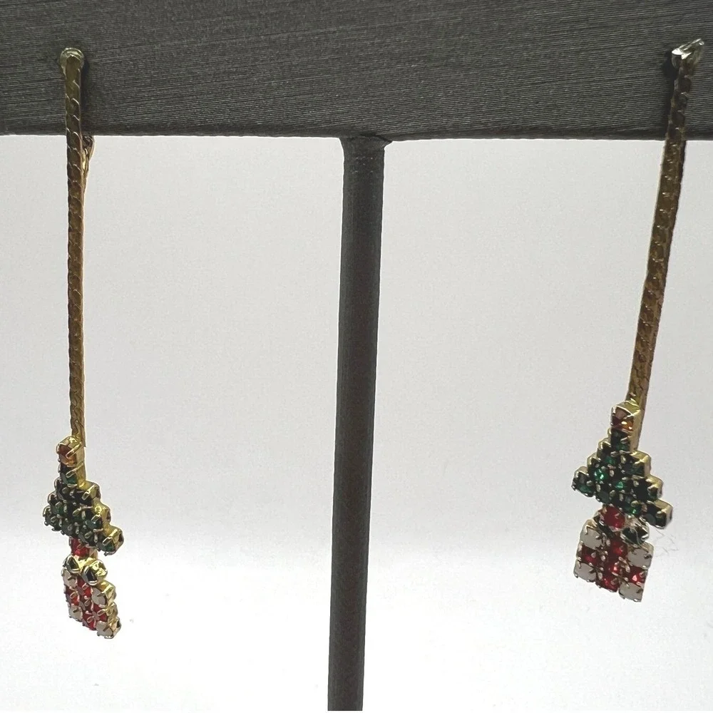 Vintage Pierced Earrings Christmas‎ Dangle Drop Serpentine Chain Tree Presents